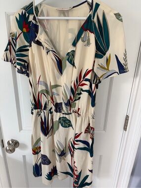 Tory Burch 100% Silk Cream Mini Dress with Multicolor Tropical Print